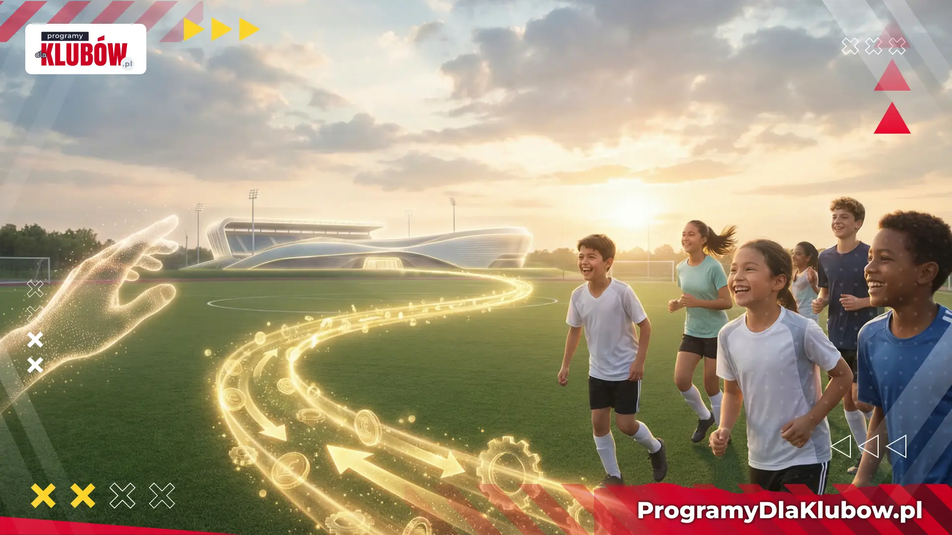 Grafika symbolizująca skuteczne pozyskiwanie dotacji dla klubów sportowych, gdzie ekspert z Programy Dla Klubów kieruje strumień funduszy do młodych, radosnych zawodników.