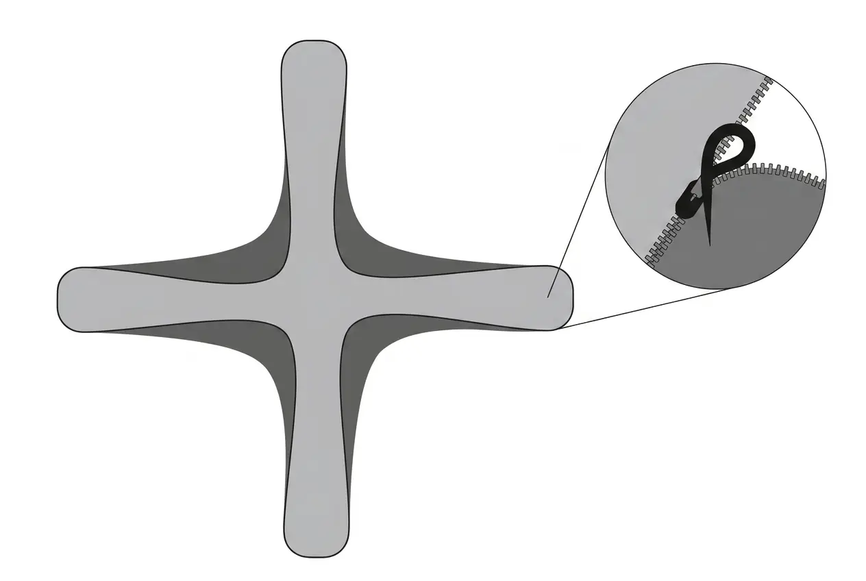 Zbliżenie na zamek błyskawiczny na końcu nogi namiotu pneumatycznego. Drugi krok instrukcji montażu.