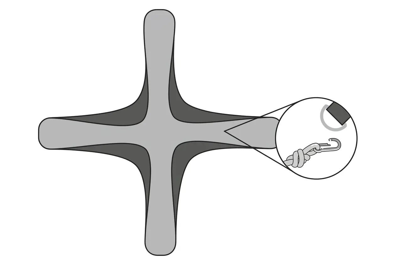 Ilustracja pokazująca przypinanie karabińczyka z linką odciągową do metalowego oczka na nogach namiotu sportowego.
