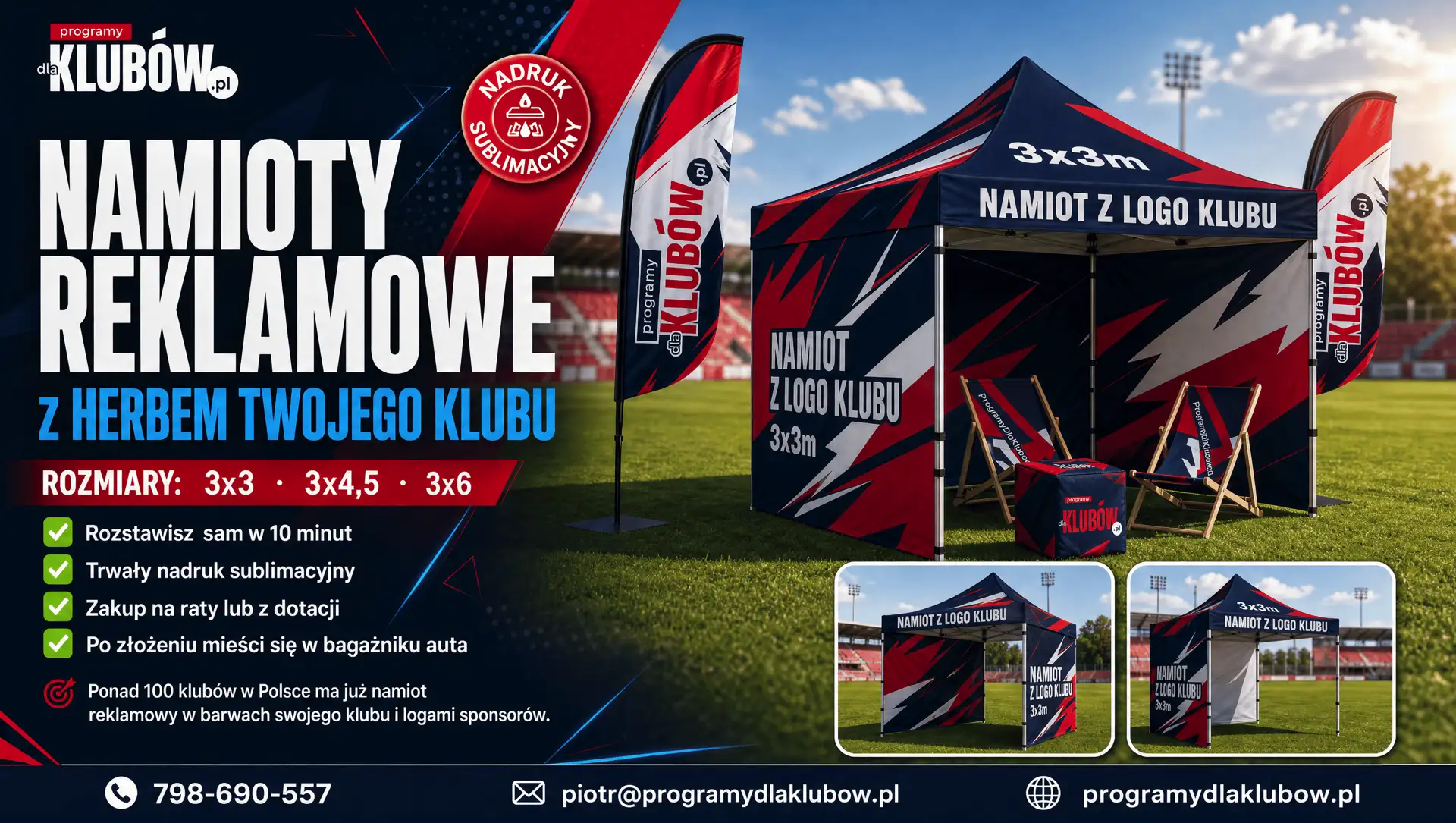 Namioty reklamowe i eventowe rozstawione na murawie stadionu piłkarskiego. Namioty w barwach klubowych z pełnym zadrukiem i logo sponsora.