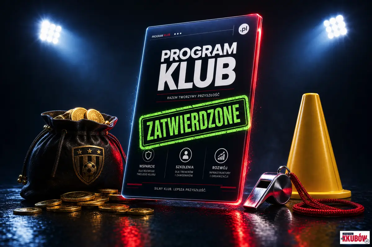 Grafika symbolizująca skuteczne pozyskiwanie dotacji dla klubów sportowych, gdzie ekspert z Programy Dla Klubów kieruje strumień funduszy do młodych, radosnych zawodników.